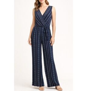 NEW EMMA & MICHELE Jersey Waist Tie V-neck Jumpsuit Blue & White